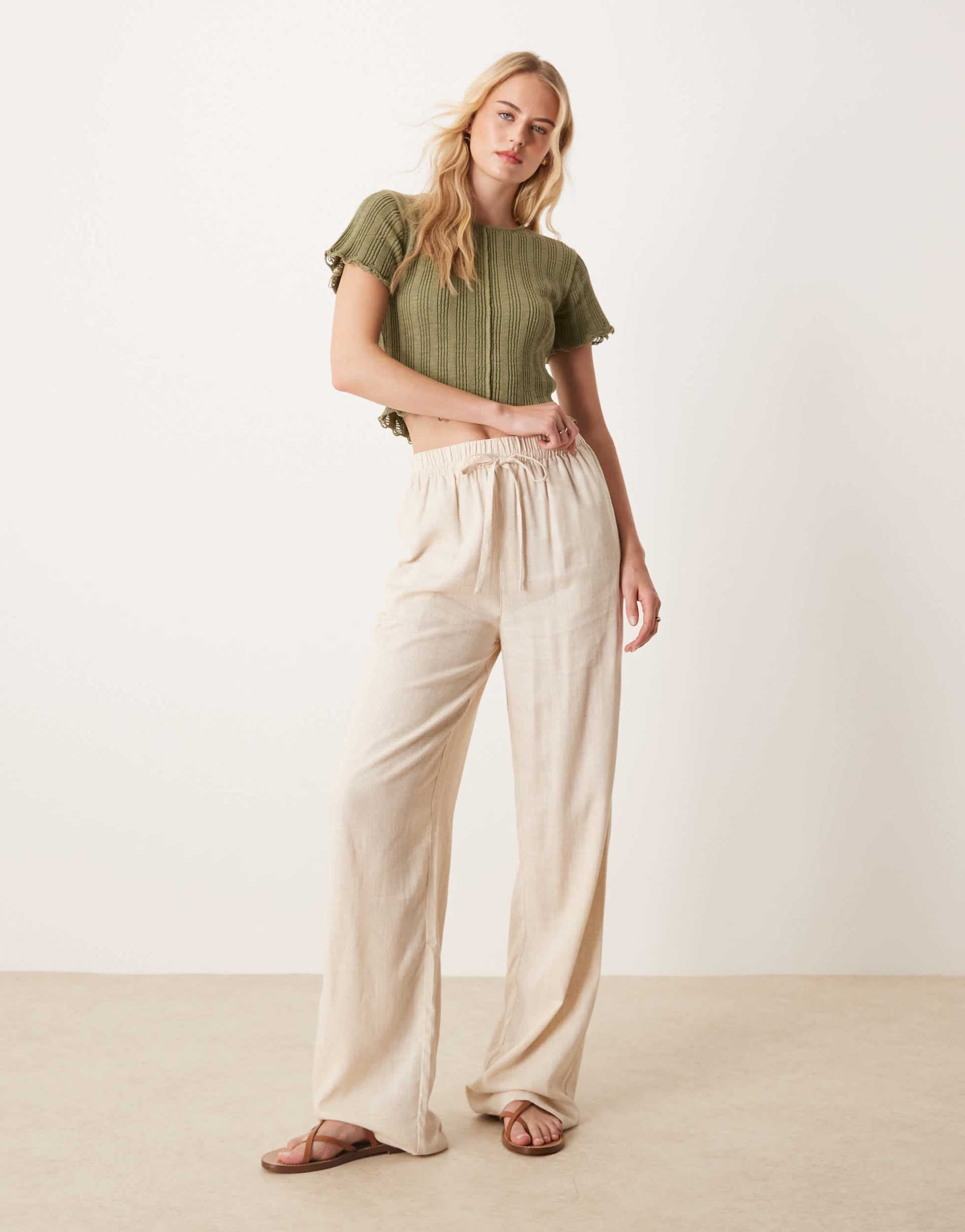 asos design tall linen mix pull on pants in stone