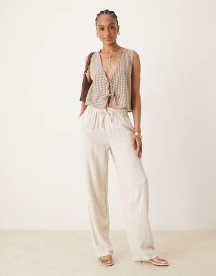 Tall linen mix pull on pants in stone-Neutral