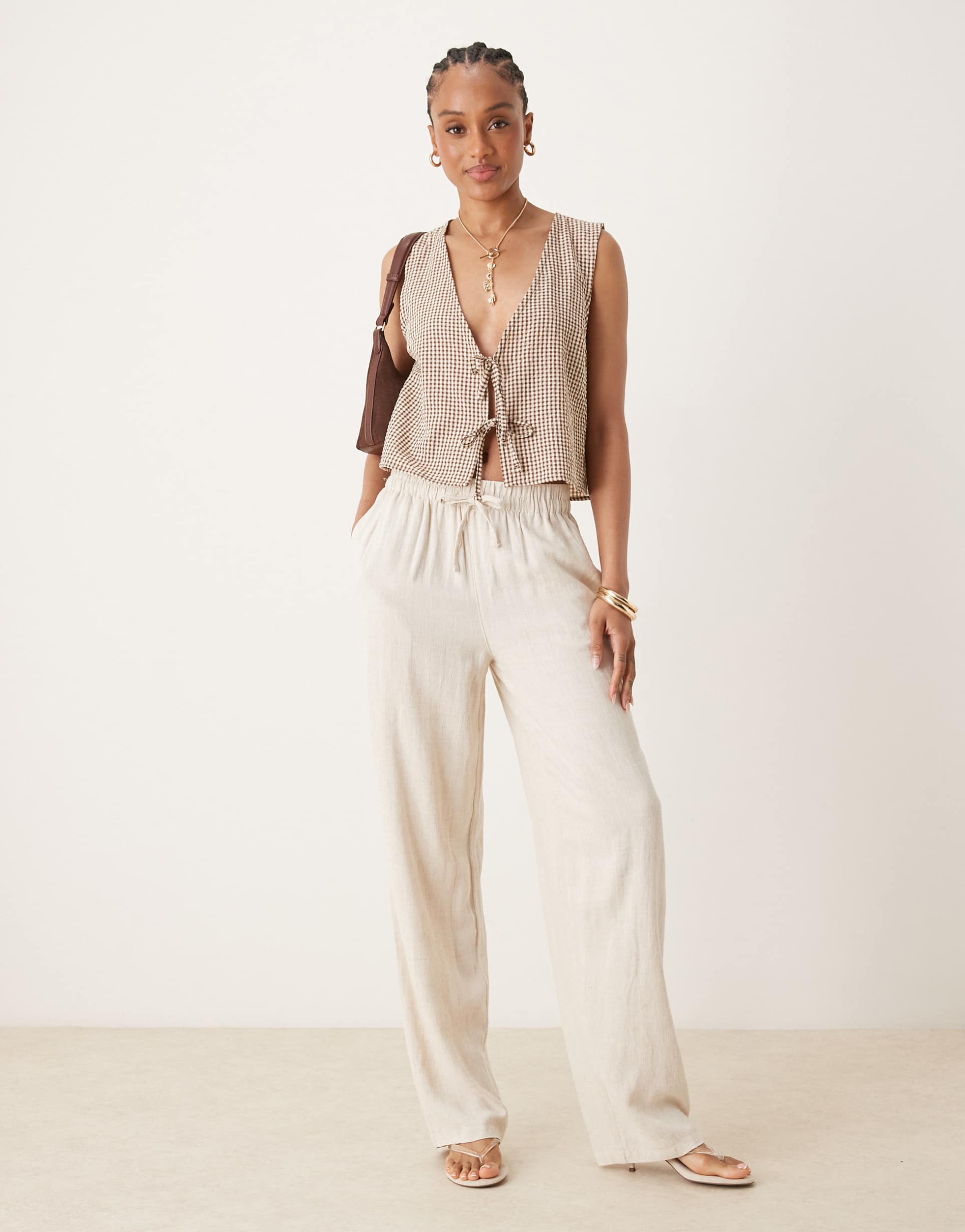 asos design tall linen mix pull on pants in stone