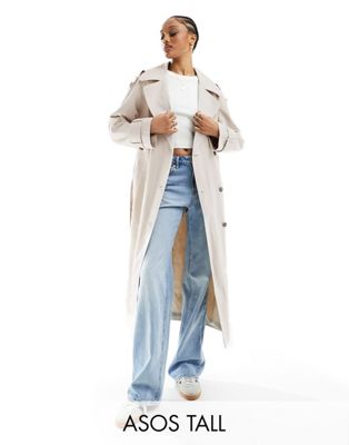 Asos Tall Asos Design Tall Linen Mix Trench Coat In Stone-neutral