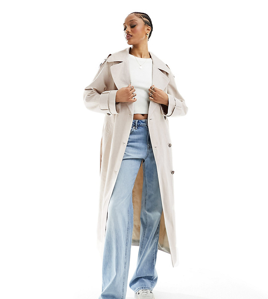 ASOS DESIGN Tall linen mix trench coat in stone-Neutral