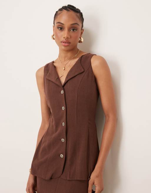 ASOS DESIGN Tall linen mix vest detail midi dress in chocolate brown