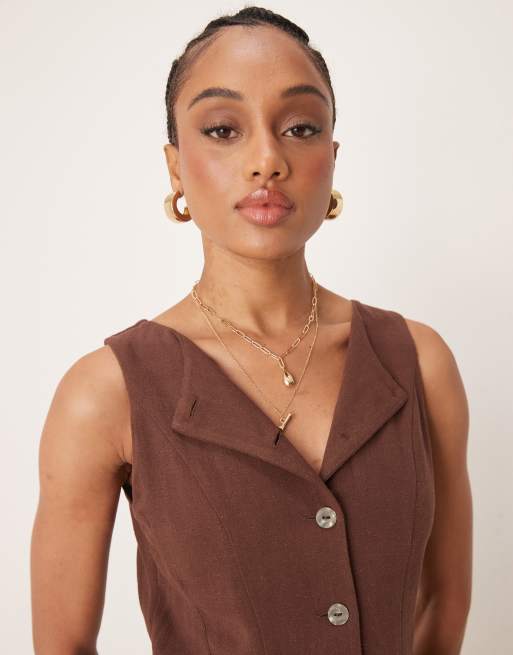 ASOS DESIGN Tall linen mix vest detail midi dress in chocolate brown