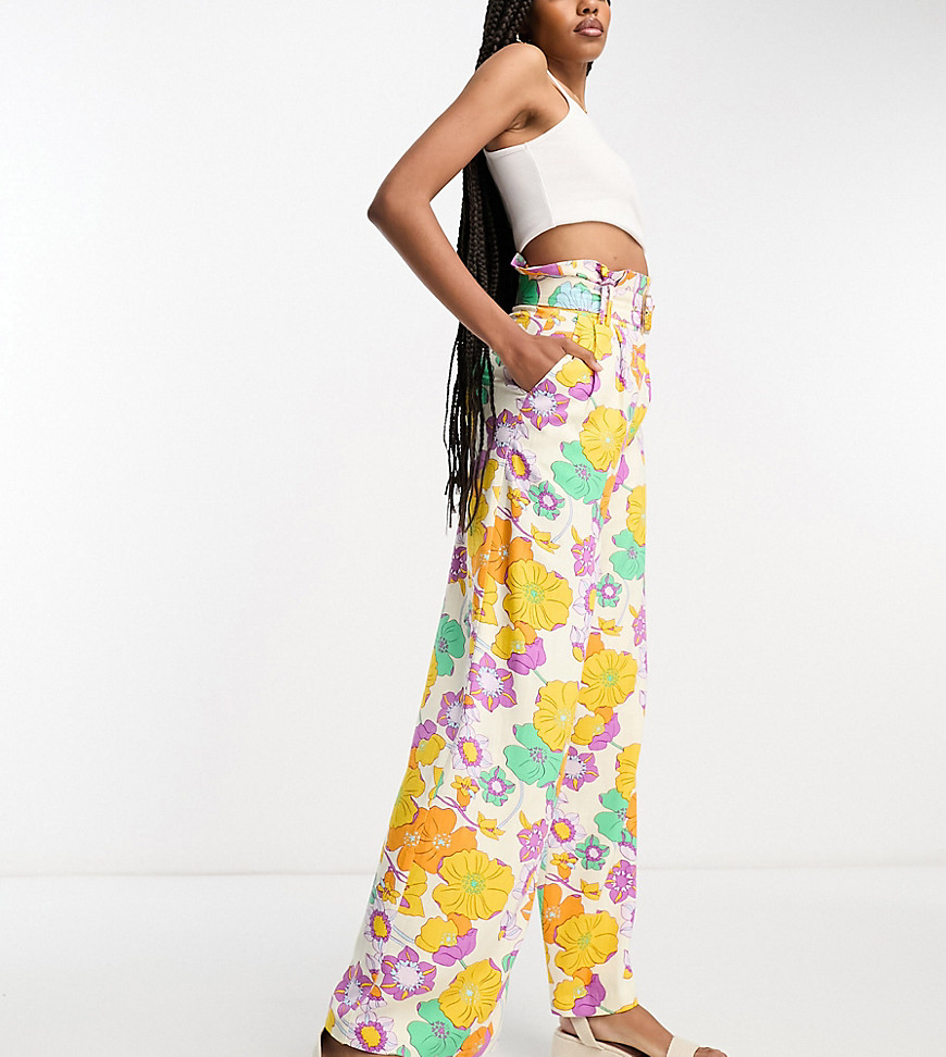 Asos Tall Asos Design Tall Linen Oversized Floral Printed Paperbag Waist Wide Leg Pants In Multi