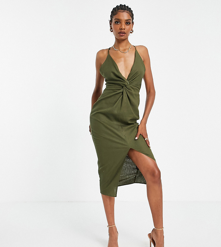 ASOS DESIGN Tall linen plunge knot front cami midi dress-Green