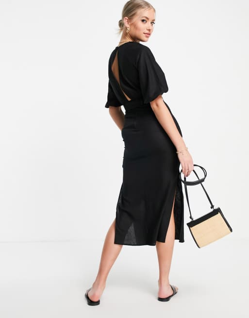 ASOS DESIGN Tall linen puff sleeve button through belted midi dress in black