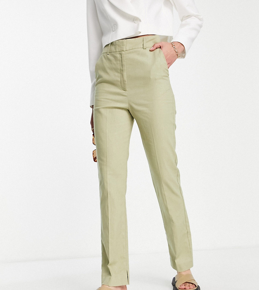 ASOS DESIGN Tall linen slim skim cigarette pants in olive-Green