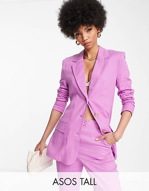 ASOS DESIGN Tall linen slim straight suit blazer in pink | ASOS