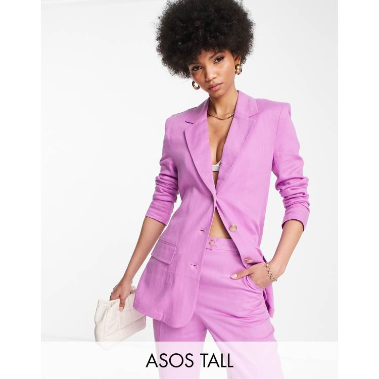 ASOS DESIGN Tall linen slim straight suit blazer in pink