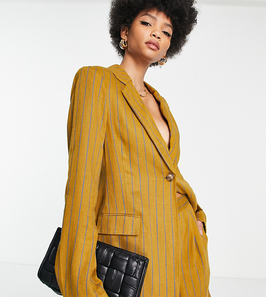 ASOS DESIGN Tall linen striped suit blazer in mustard and blue-Multi