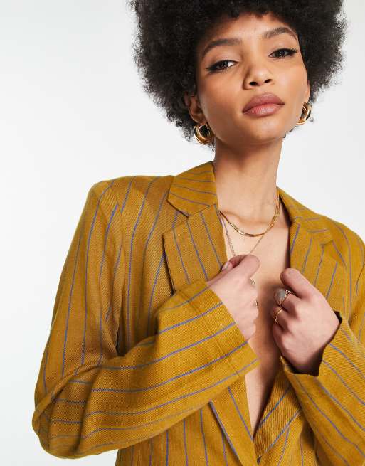 ASOS DESIGN Tall linen striped suit blazer in mustard and blue