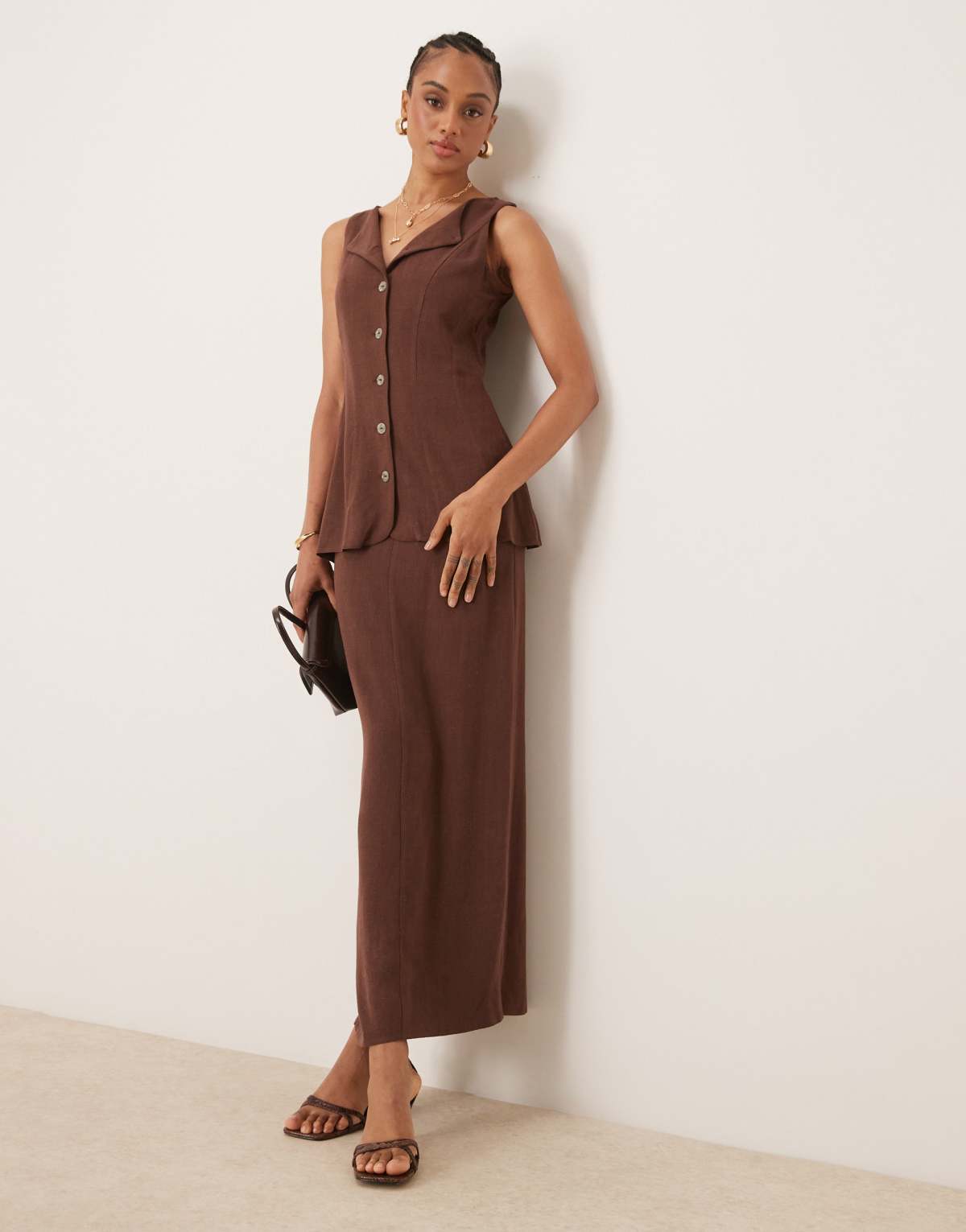 ASOS DESIGN Tall linen waistcoat detail midi dress in chocolate brown