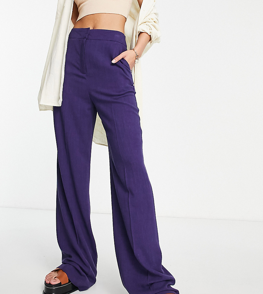 ASOS DESIGN Tall linen wide leg relaxed flare trouser in purple-Navy