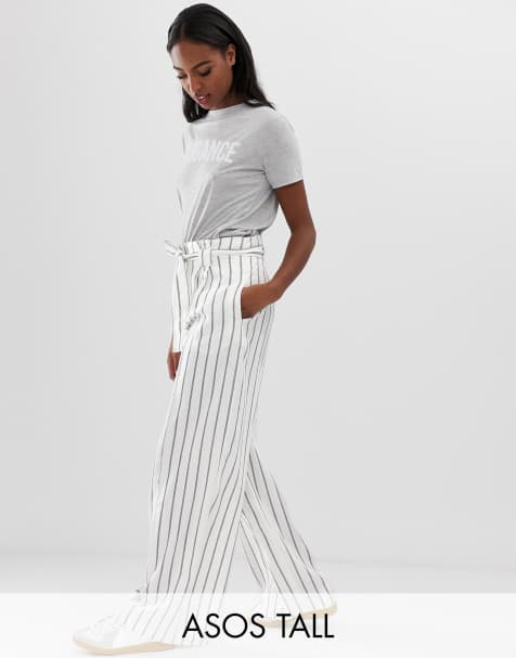 ASOS DESIGN Tall linen wide leg trousers with paperbag waist and belt in stripe