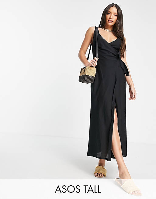 ASOS DESIGN Tall linen wrap maxi dress in black | ASOS