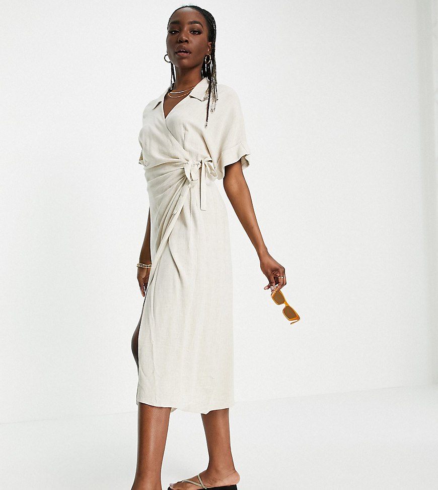ASOS DESIGN Tall linen wrap midi dress in natural-White
