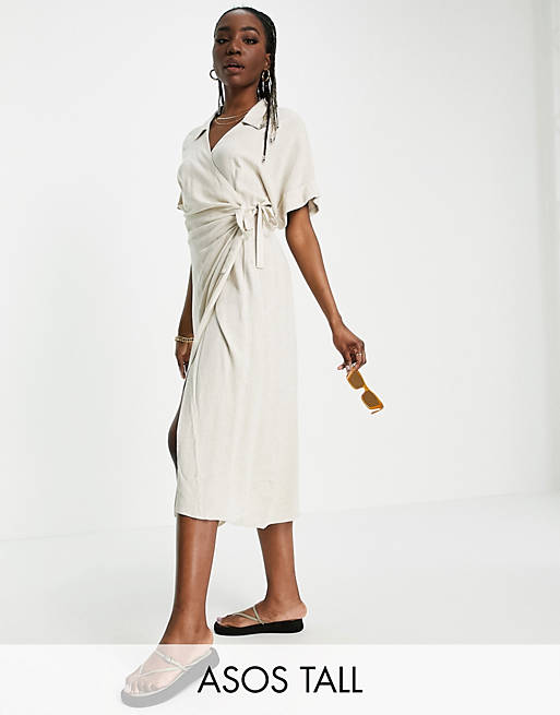 Women Tall linen wrap midi dress in natural 