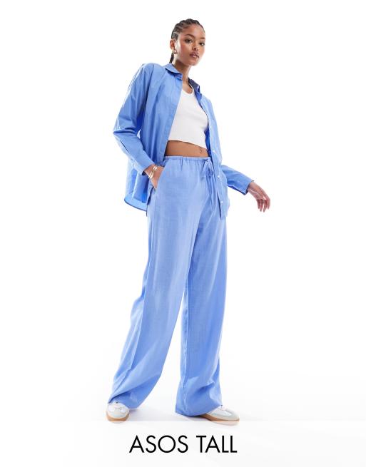 ASOS DESIGN Tall - Linnen broek met wijde pijpen en elastische taille in blauw