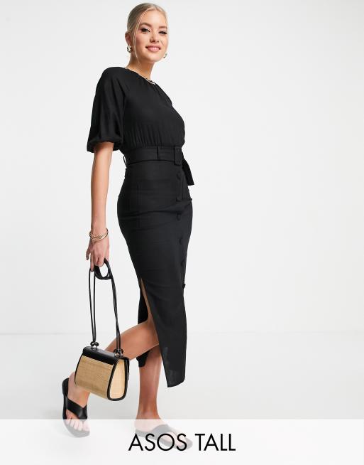 ASOS DESIGN Tall - Linnen midi jurk met pofmouwen, knoopsluiting en riem in zwart