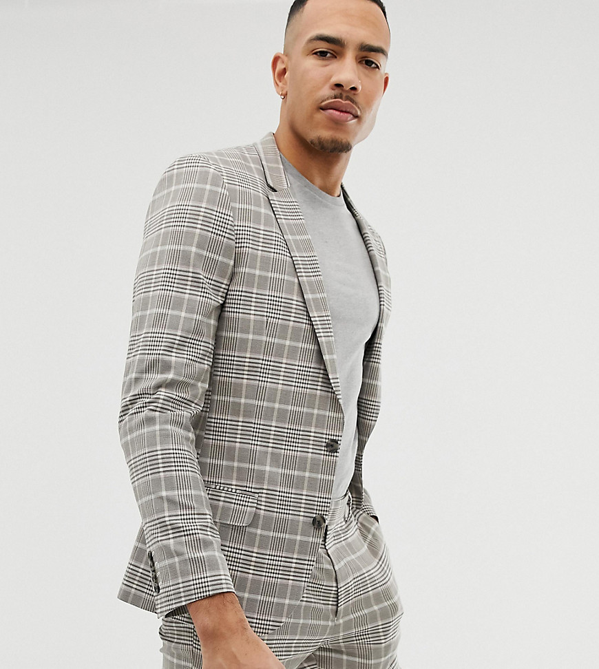 ASOS DESIGN Tall – Ljusgrå, rutig kostymjacka med extra smal passform-Sandfärgad