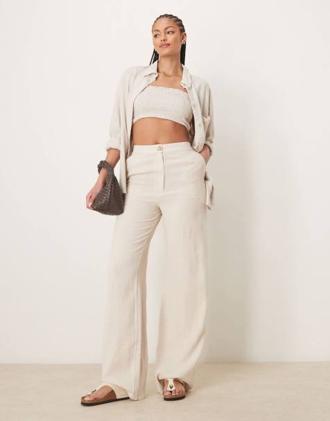 ASOS DESIGN Tall – Lniane spodnie z prostymi nogawkami o luźnym kroju w szarobeżowym kolorze - view 1