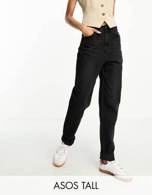 ASOS DESIGN Tall - Locker geschnittene Mom-Jeans in Schwarz mit hohem Bund