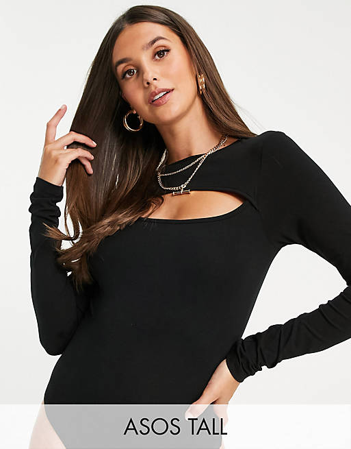 ASOS DESIGN Tall long sleeve bodysuit with cut out in black