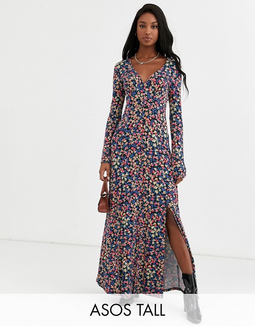 ASOS DESIGN Tall long sleeve button through maxi tea dress in print