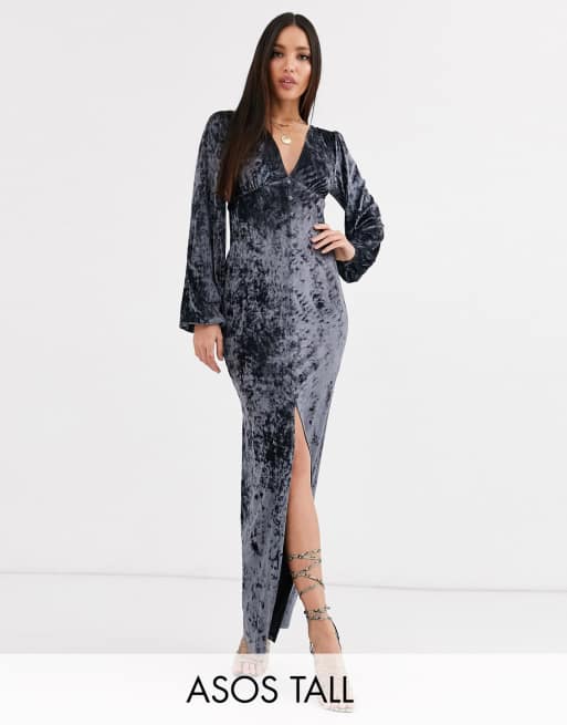 ASOS DESIGN Tall long sleeve button through velvet maxi dress in steel