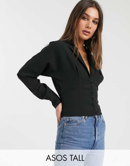 ASOS DESIGN Tall long sleeve corset detail top with button detail in black