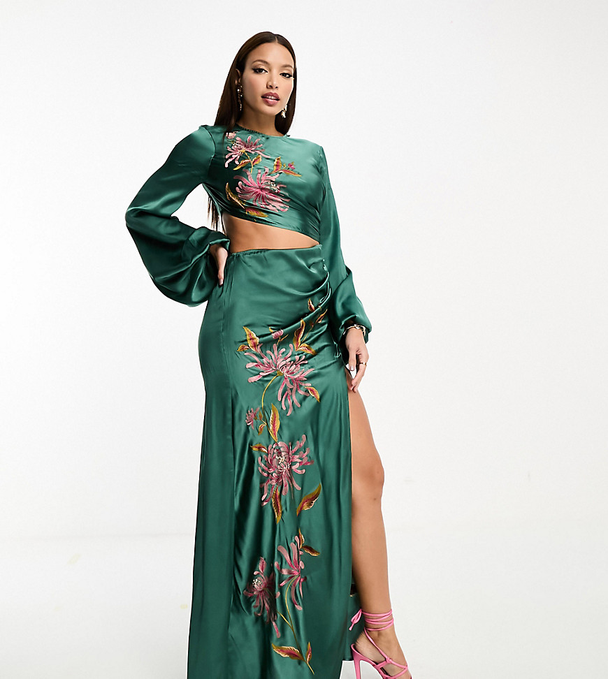 ASOS DESIGN Tall long sleeve cut out bias maxi dress with floral embroidery in forest green