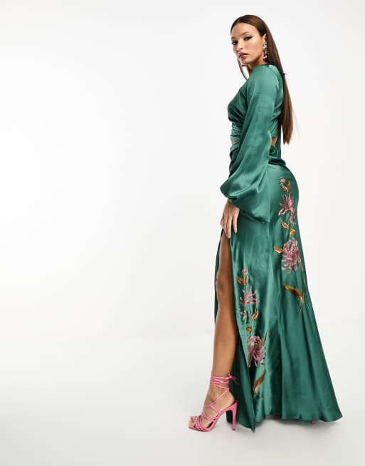 ASOS DESIGN washed twist side waist maxi dress with cut out back in forest  green