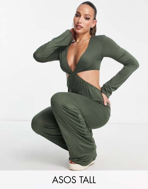 ASOS DESIGN Tall long sleeve cut out waist beach jumpsuit in khaki - view 1