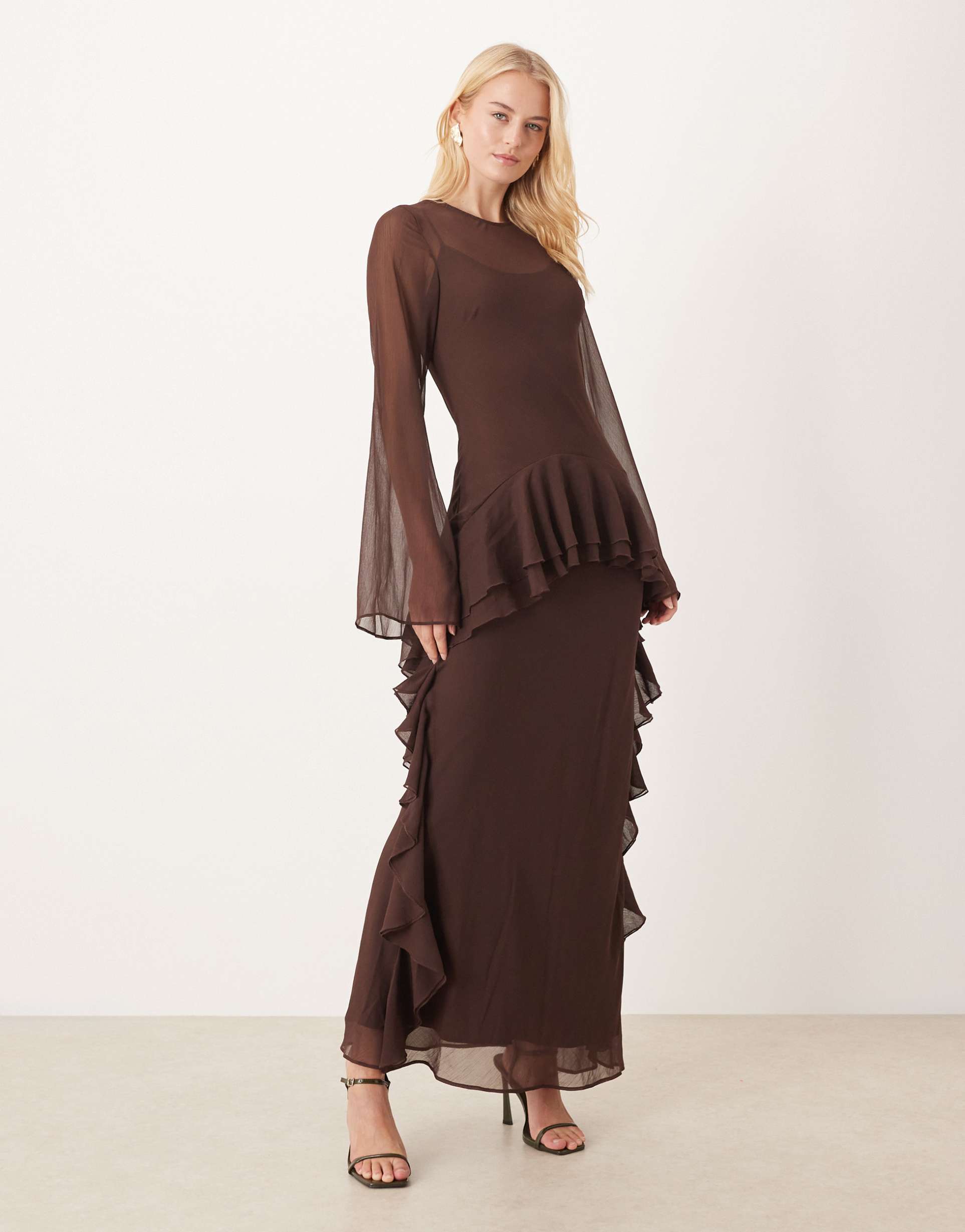 asos design tall long sleeve frill hem chiffon maxi dress in chocolate