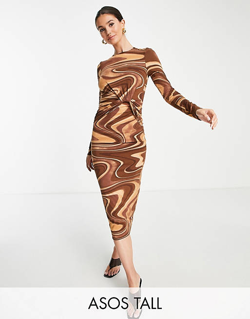 Women Tall long sleeve front knot open back midi dress in brown swirl print 