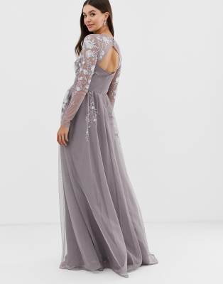 asos design long sleeve maxi dress in embroidered mesh