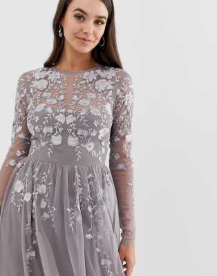 asos design long sleeve maxi dress in embroidered mesh