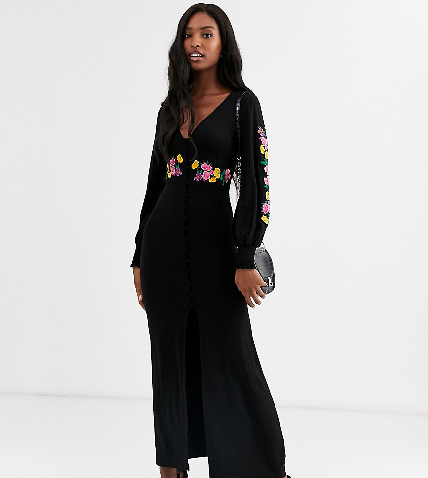 Asos Design Tall Long Sleeve Maxi Embroidered Tea Dress-Black