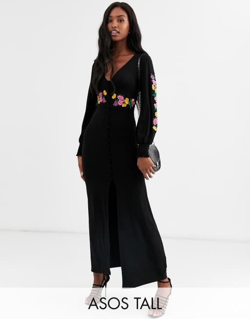 Asos Design Tall Long Sleeve Maxi Embroidered Tea Dress Asos 