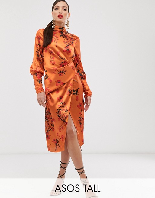ASOS DESIGN Tall long sleeve midi dress in satin with drape detail in blossom floral print