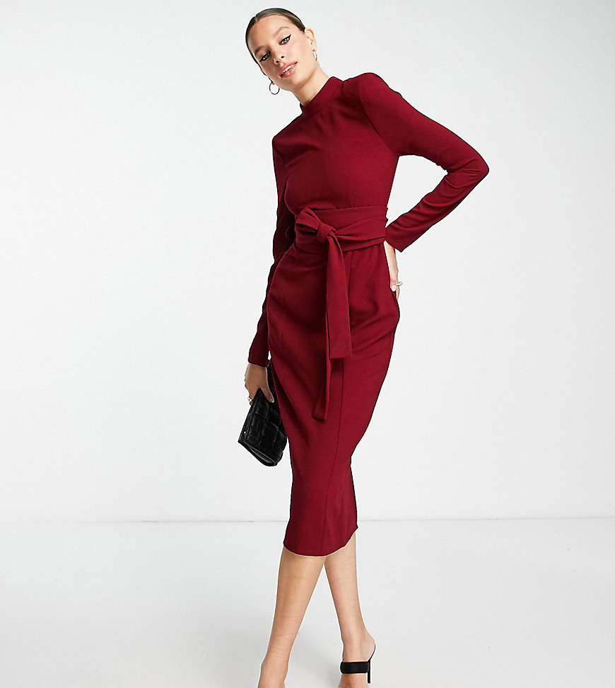 Asos Tall Asos Design Tall Long Sleeve Midi Dress With Obi Belt In Red