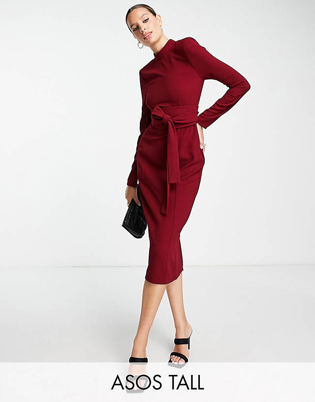 ASOS DESIGN Tall long sleeve midi dress with obi belt in red