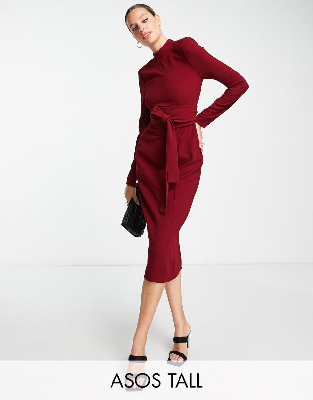 ASOS DESIGN Tall long sleeve midi dress with obi belt in red