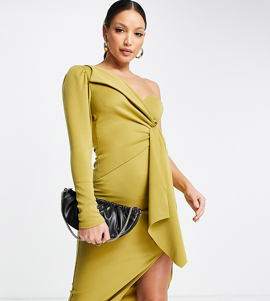 ASOS DESIGN Tall long sleeve one shoulder tie front midi dress in olive-Green