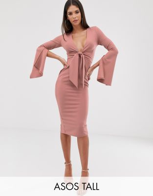 long sleeve plunge midi dress