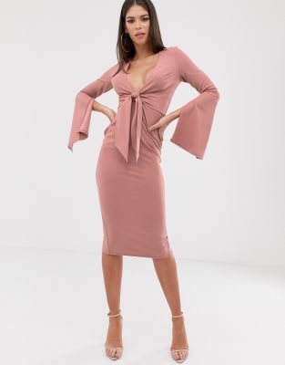 long sleeve plunge midi dress