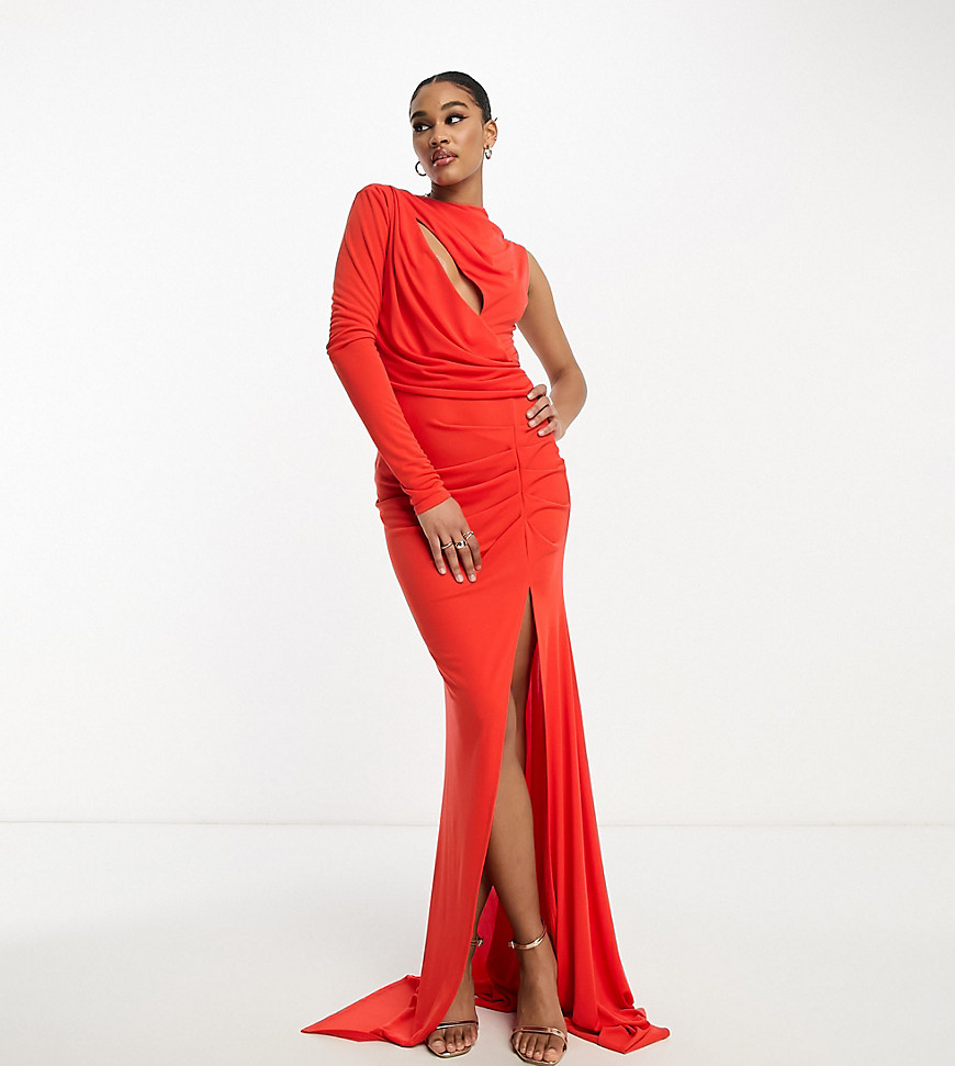 Asos Tall Asos Design Tall Long Sleeve Premium Asymmetric Cut Out Maxi Dress In Red