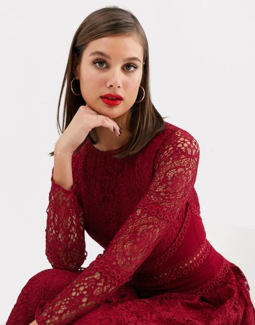 Asos design lace long deals sleeve midi prom dress