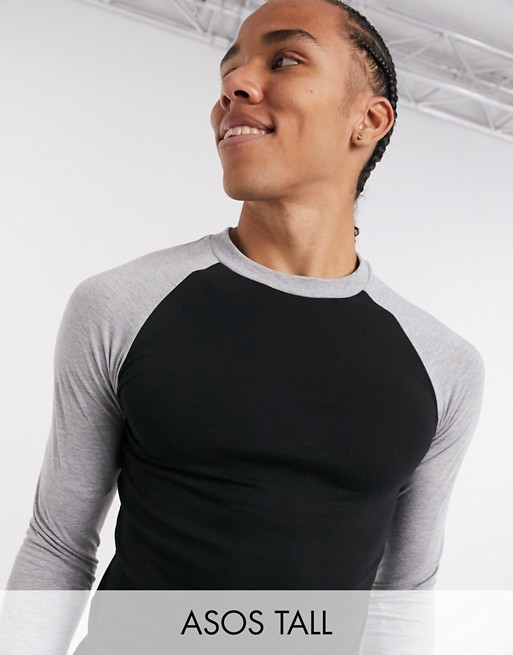 ASOS DESIGN Tall long sleeve raglan t-shirt in black with contrast grey marl sleeves