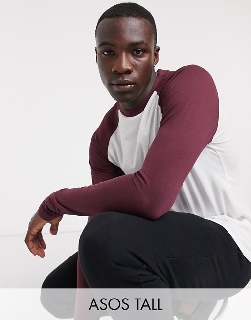 ASOS DESIGN Tall long sleeve raglan t-shirt in white with contrast burgundy sleeves